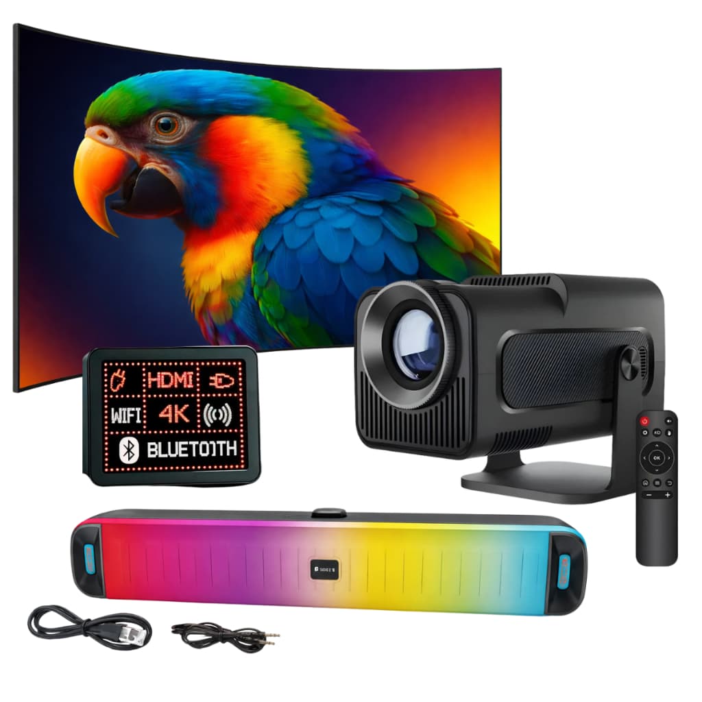Kit Projetor 4k HY320 Cinema com Caixa de Som Bluetooth Soundbar Portátil Smart Wif