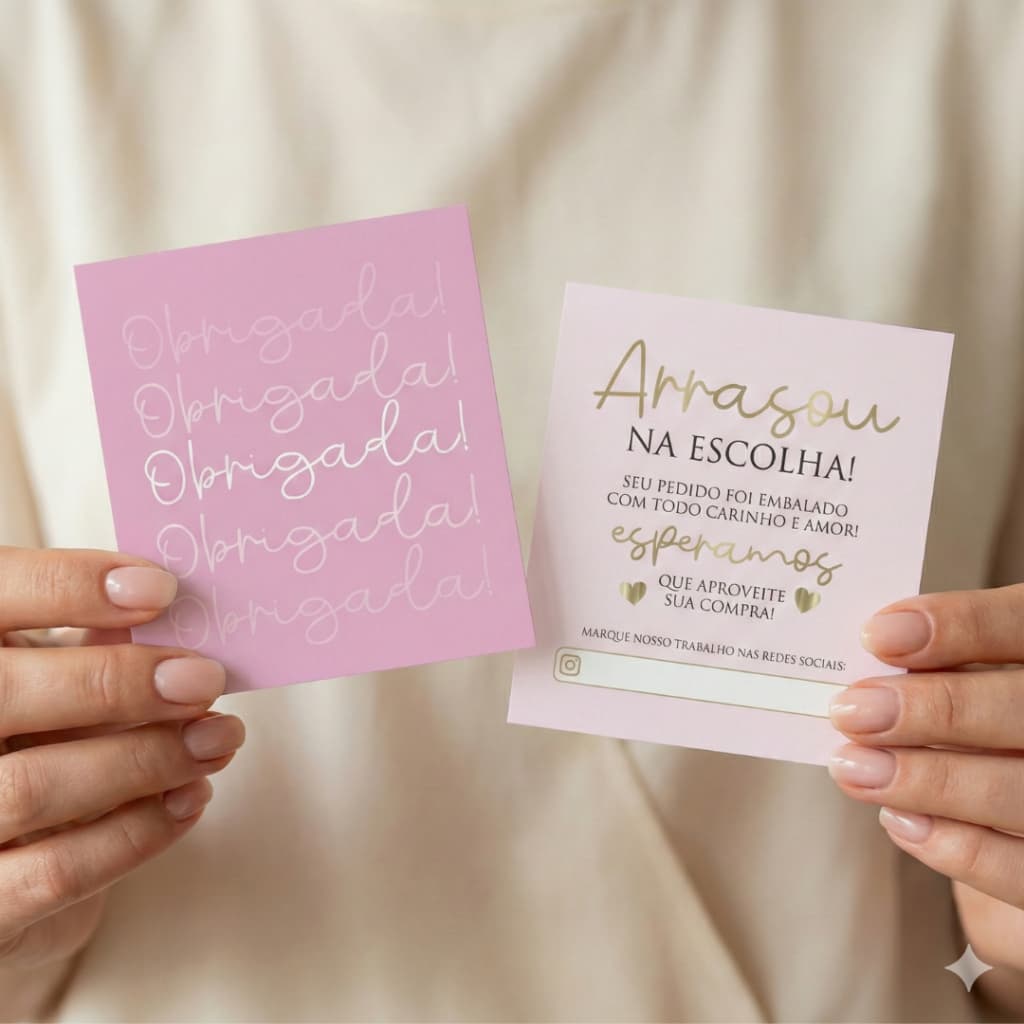 Kit Cartão de Agradecimento ao Cliente Postal Obrigada pela Compra Unboxing Loja Mimos para Clientes