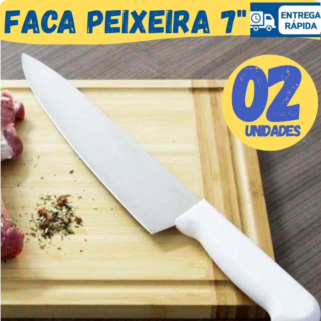 Kit Faca Peixeira Inox Profissional 7” Cabo Branco Para Cozinha e Churrasco
