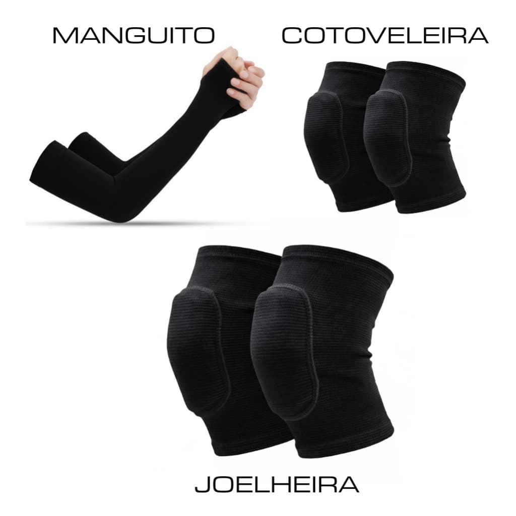 Kit Conjunto Joelheira Compressao com Cotoveleira de Proteção e Manguito Anti UV Esportes Volei Danca Goleiro