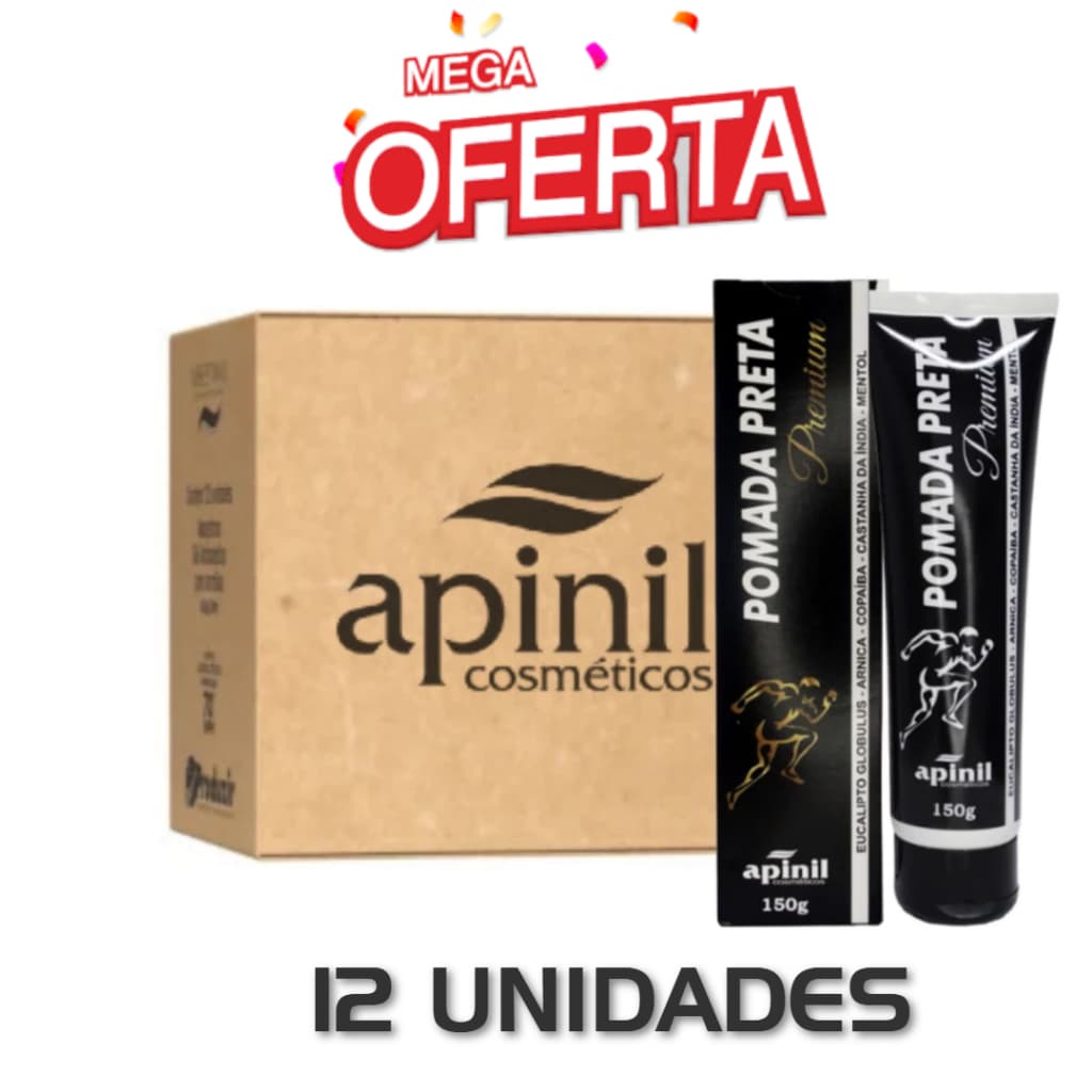 💪 Kit 12 Pomada Preta Premium 150g APINIL💪 – 🔥MASSAGEM INTELIGENTE E POTENTE!🔥 🛍️