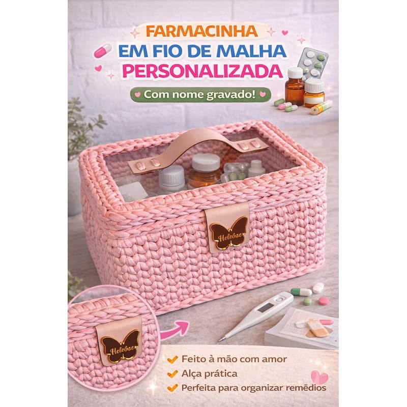 Farmacinha Kit Higiene Bebê em Fio de Malha Personalizada | Caixa Organizadora com Tampa em Acrílico | Porta Remédios