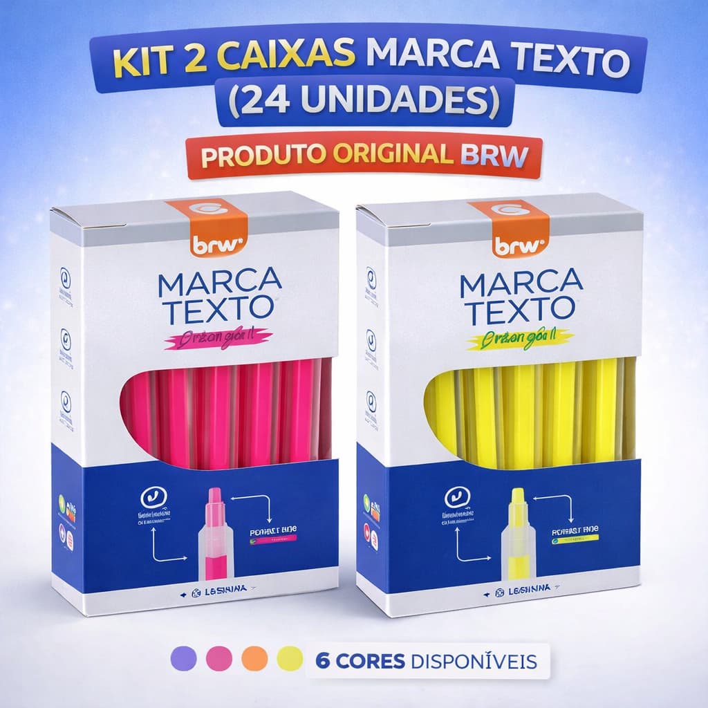 Kit 2 Caixas Marca Texto Fluorescente BRW 24 Unidades Ponta Chanfrada 1-4mm