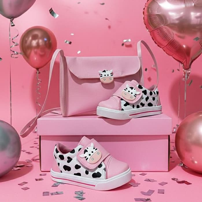 Tênis Infantil Menina Estampa Vaquinha Rosa Casual Calce Fácil Leve e Confortável Antiderrapante