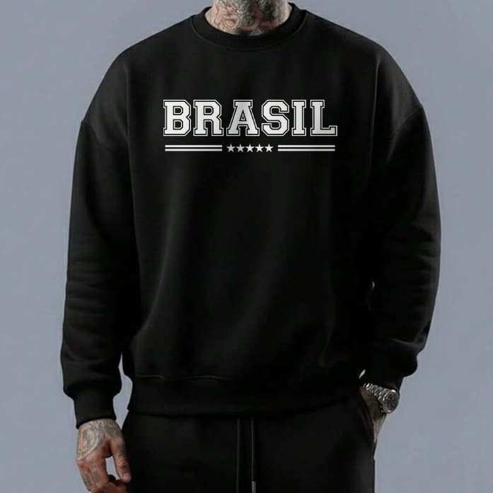 Moletom Gola Careca Redonda Unissex Brasil 5 Estrelas Algodão 30.1