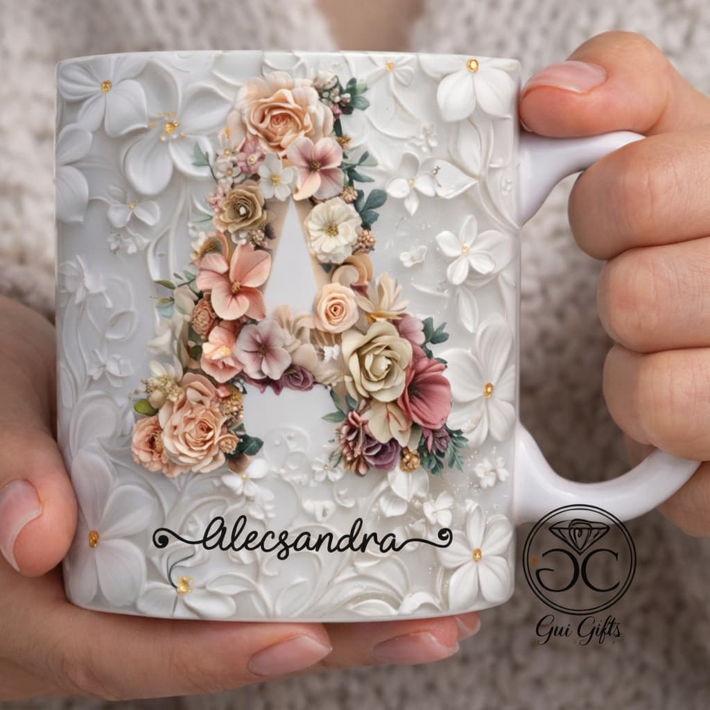 Caneca Xícara Personalizada com Seu Nome Letra Floral Presente Criativo Porcelana 325ml