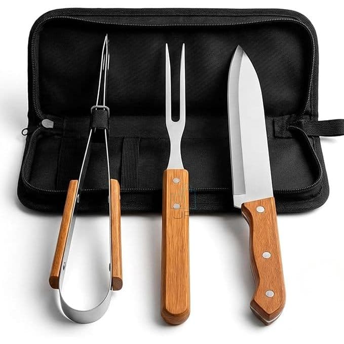 Kit Churrasco 3 Peças com Estojo Faca Garfo e Pegador em Aço Inox e Cabo de Madeira