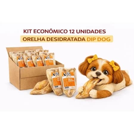 Kit Pacote Com 12 Petisco Natural Orelha Bovina Desidratada  Para Cachorro Dip Dog
