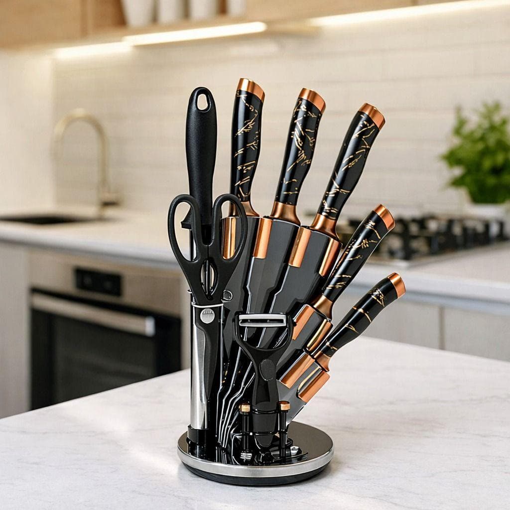 Kit Conjunto de Facas Aço Inox 9 Peças Profissional com Suporte e Tesoura Preto ou Branco