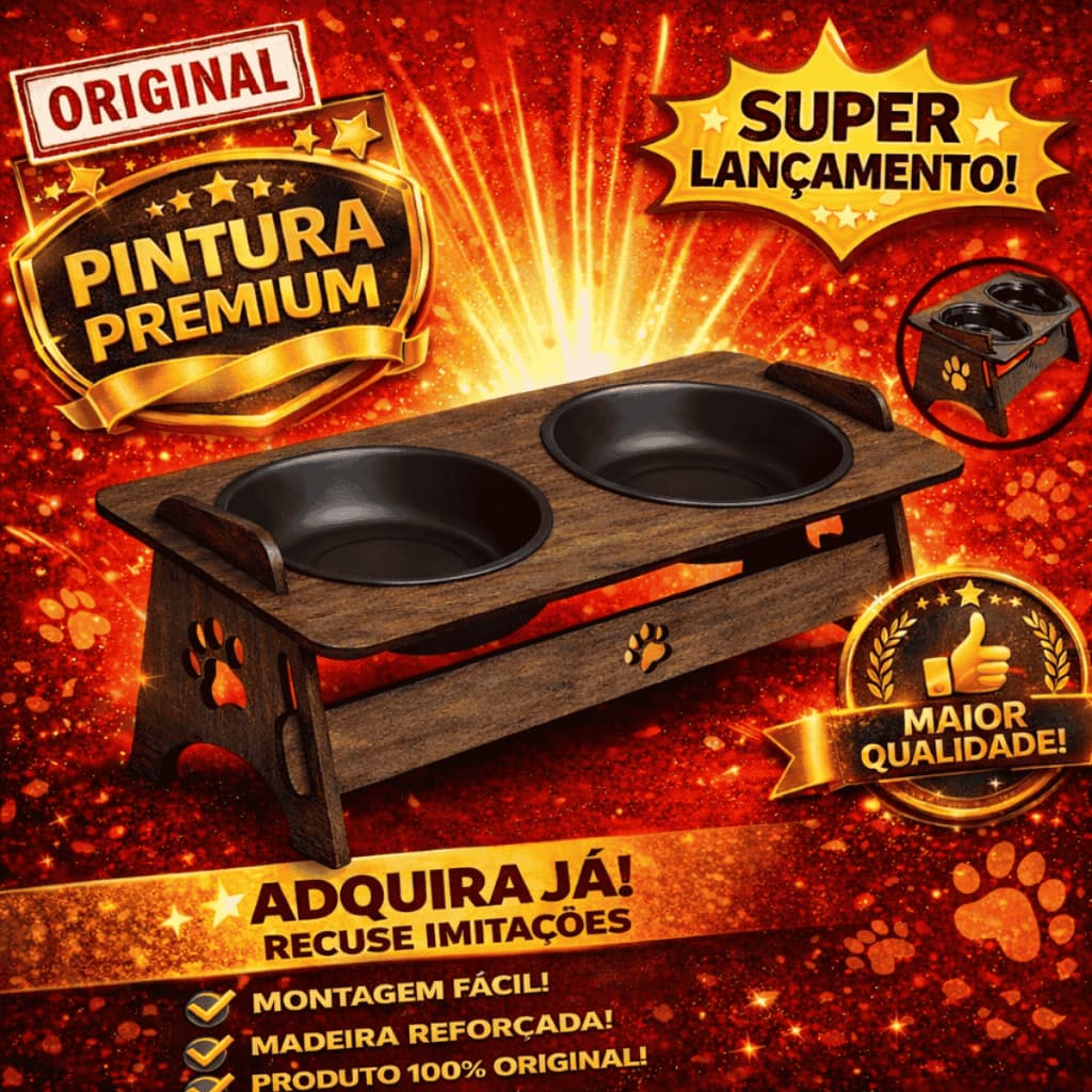 Comedouro Bebedouro Pet Duplo Elevado para Gato e Cachorro com Suporte em Madeira Reforçada