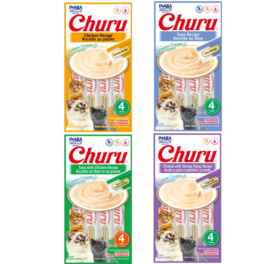 Kit 4 Pacote Petisco Churu para Gatos pure 4 sabores Salmao Atum Galinha Camarao