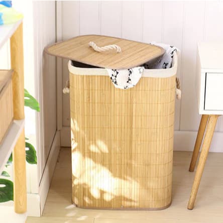 Cesto de Roupa 72 Litros Bambu com Tampa Lavanderia Retangular Forrado Dobrável