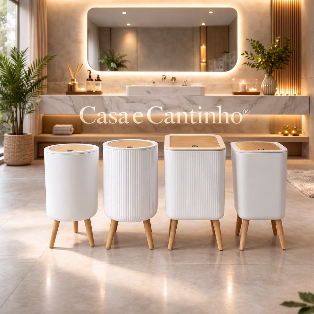 Lixeira De Plástico 9/8 Litros Branca Com Pés De Bambu Tampa Click De Pressão Cozinha Banheiro