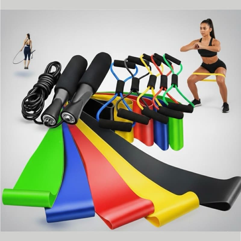 Kit Treine Em Casa Funcional Completo 5 Faixas Mini Band + Elástico Extensor Cross + Corda de pular