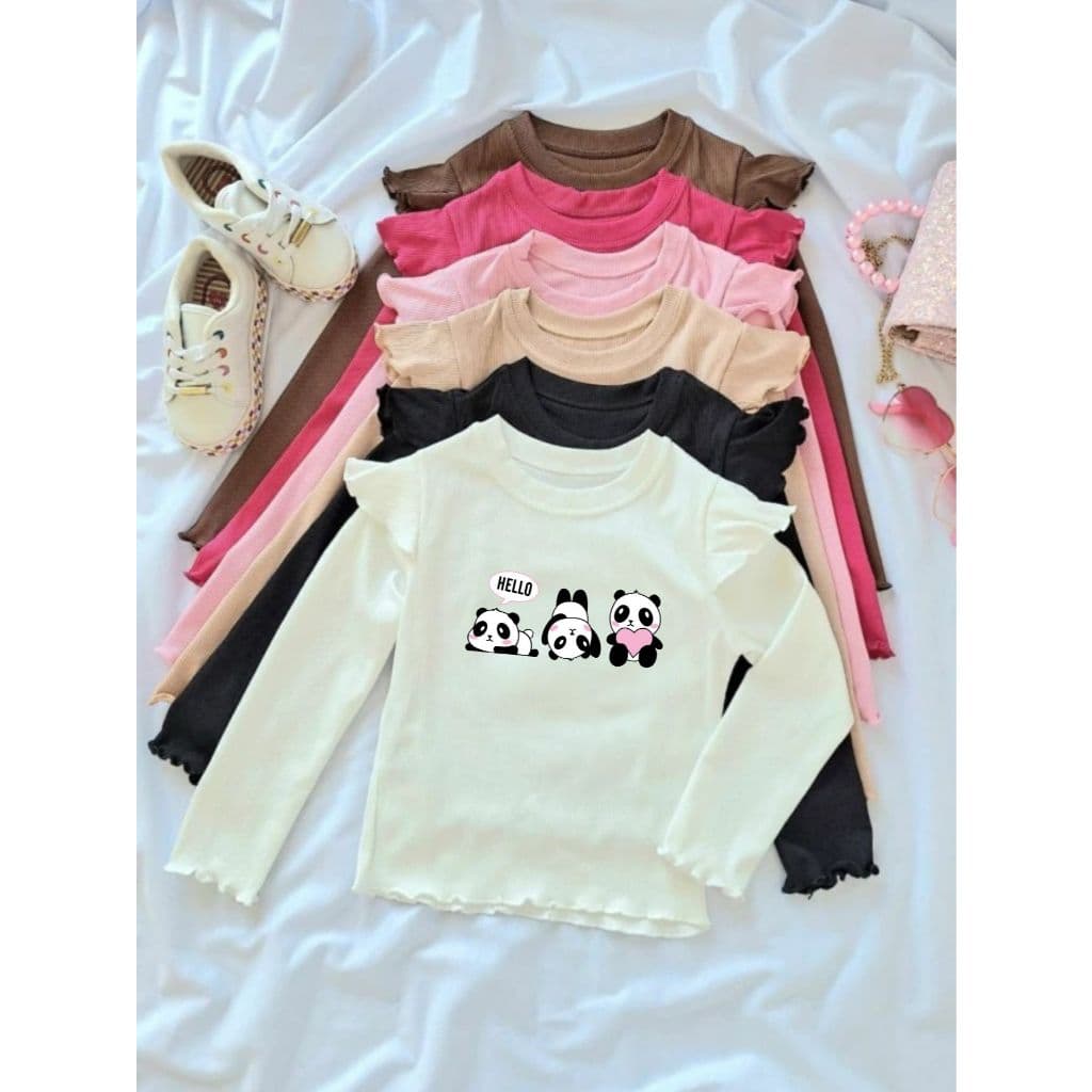 Blusa Infantil Menina Panda Fofo Manga Longa Meia Estação Canelado Ribana DTF03