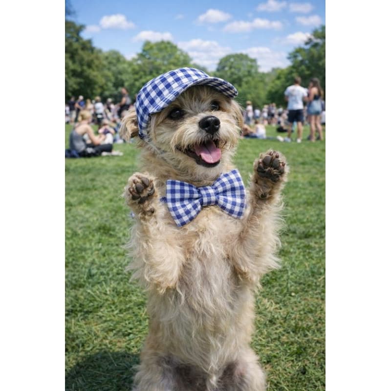 Kit Boné Pet Xadrez Azul + Gravata ou Laço 100% Tricoline PP ao GG Ajustável Cães e Gatos Luxo