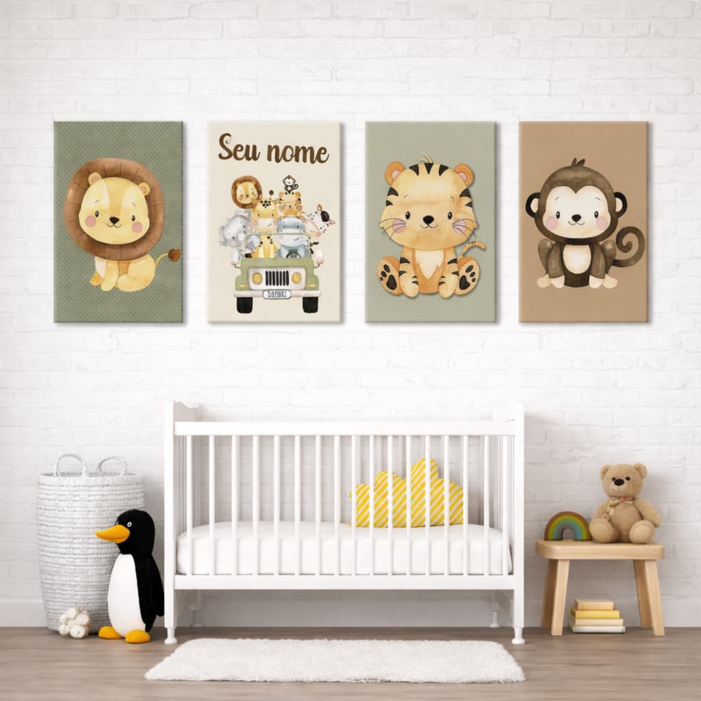 Kit Quadros Decorativos Safari Baby Personalizado Com Nome Brinde Faixa  Adesiva de Parede