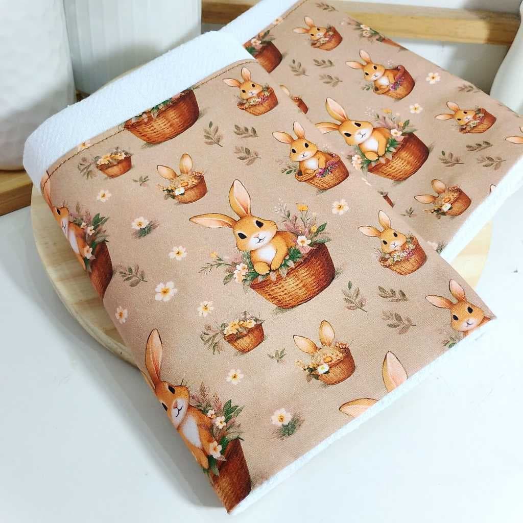 Pano de Prato Tema Páscoa – Coelhinhos | 100% Algodão