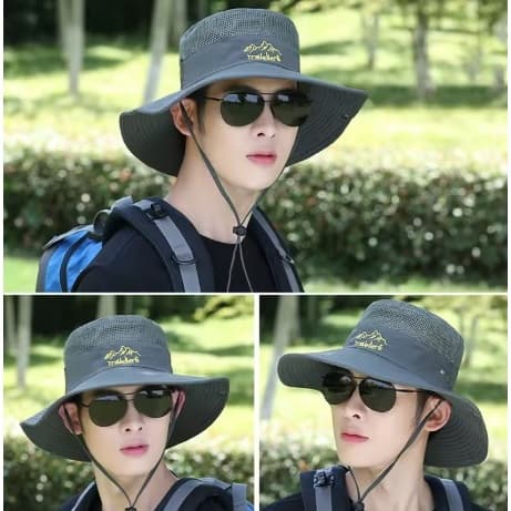 Chapéu Masculino Outdoor Aba Larga Respirável com Proteção UV Ideal para Trilha Pesca e Camping