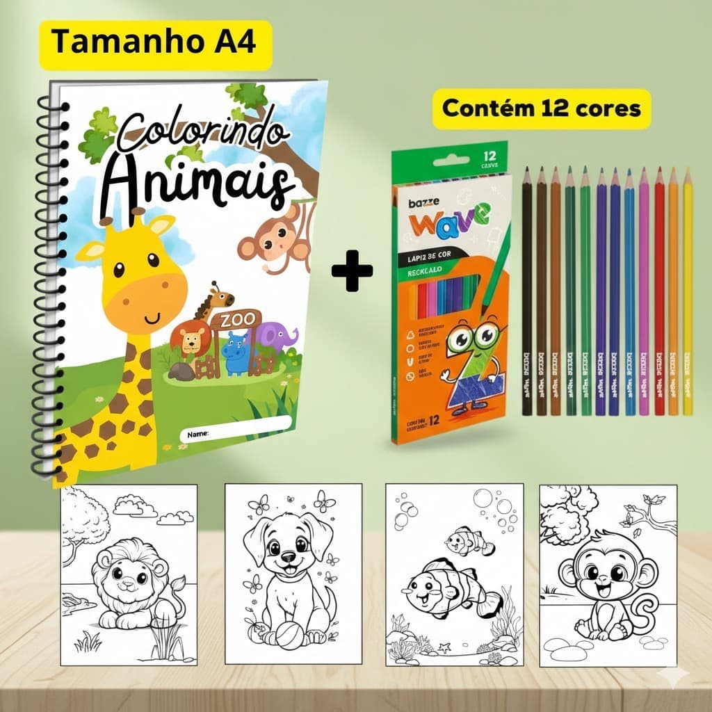Livro de Colorir Grande Com 30 Desenhos de Animaizinhos Fofos Tamanho A4 e Capa Flexível + Lapis de Cor