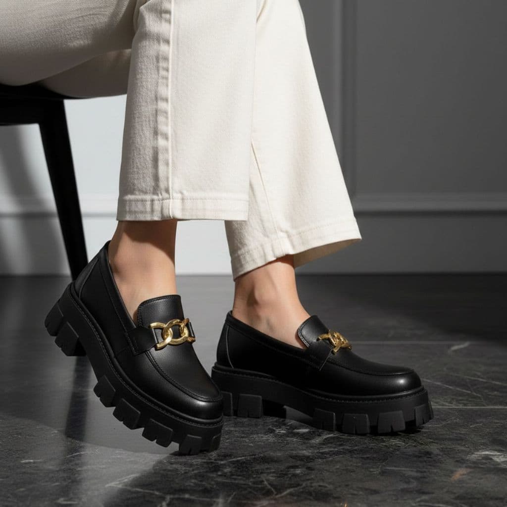 Mocassim Feminino Oxford Tendência Solado Tratorado Plataforma Metal Dourado Leve Macio 403-GG