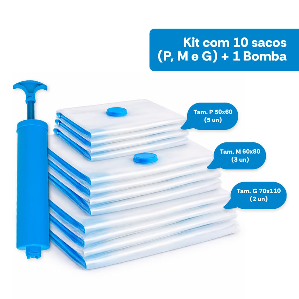 Kit 10 Sacos a Vácuo com Bomba Manual Armazenamento Inteligente e Economia de Espaço