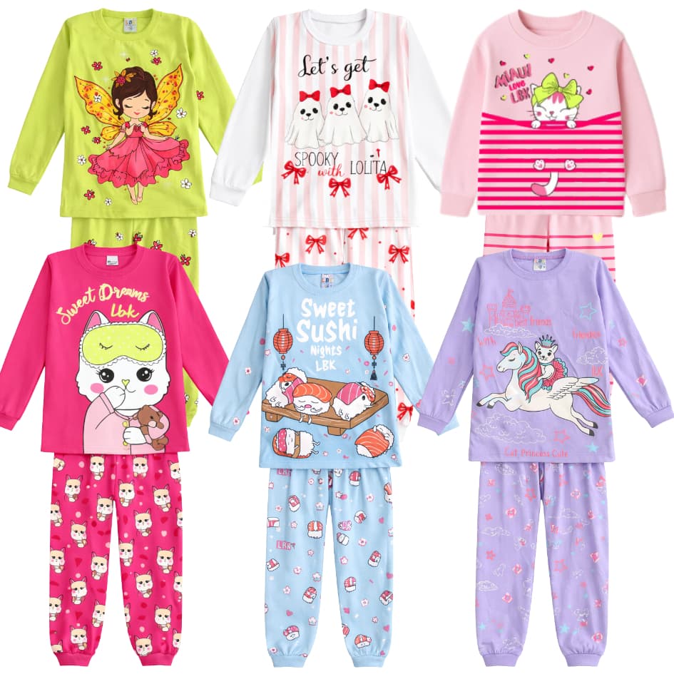 Kit pijama infantil  frio estampado 2 conjuntos manga longa inverno calça e blusa menina criança