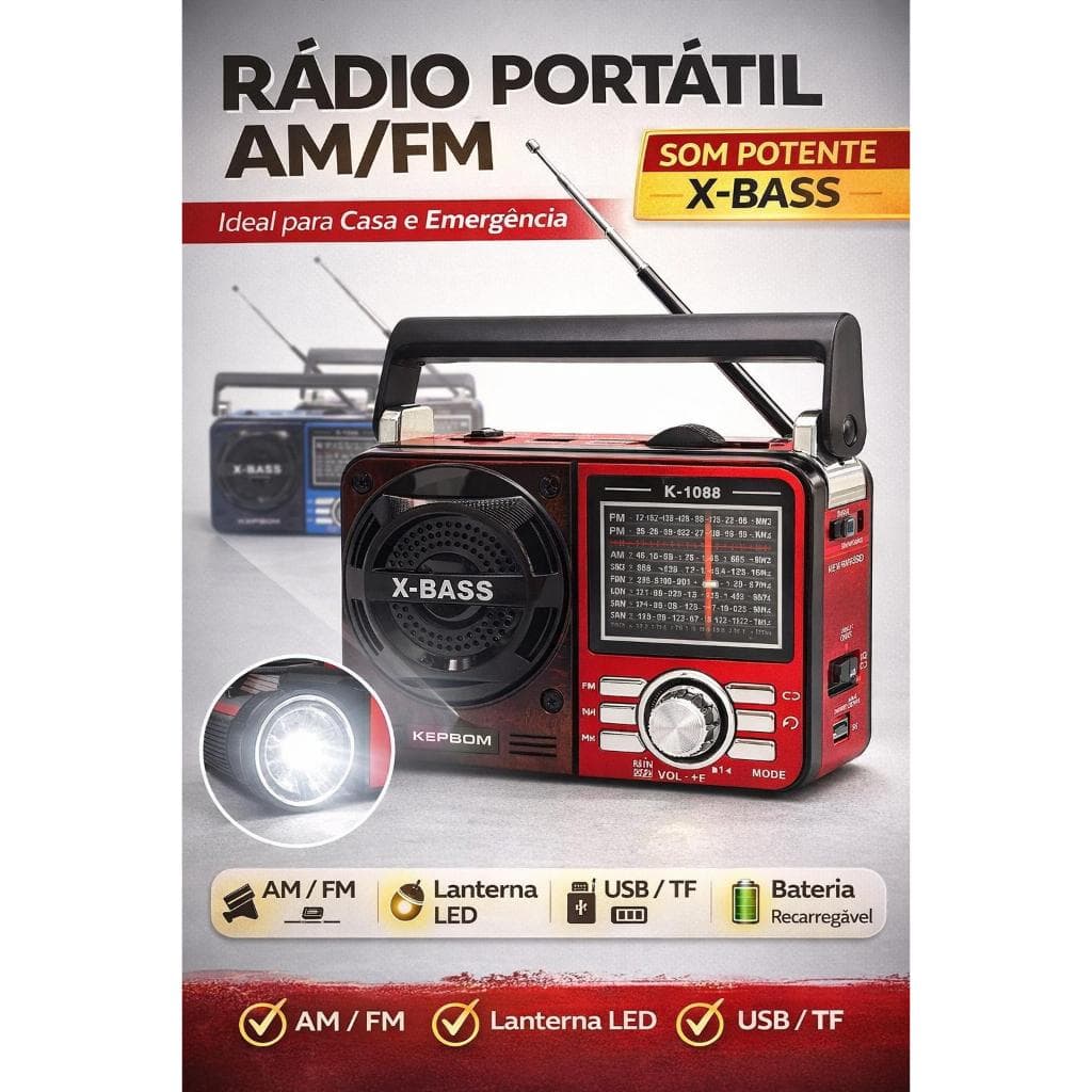 Rádio Retrô Bluetooth Vintage | Caixa de Som AM/FM, USB, Cartão TF, Bateria ou Pilha | Som Potente X-Bass