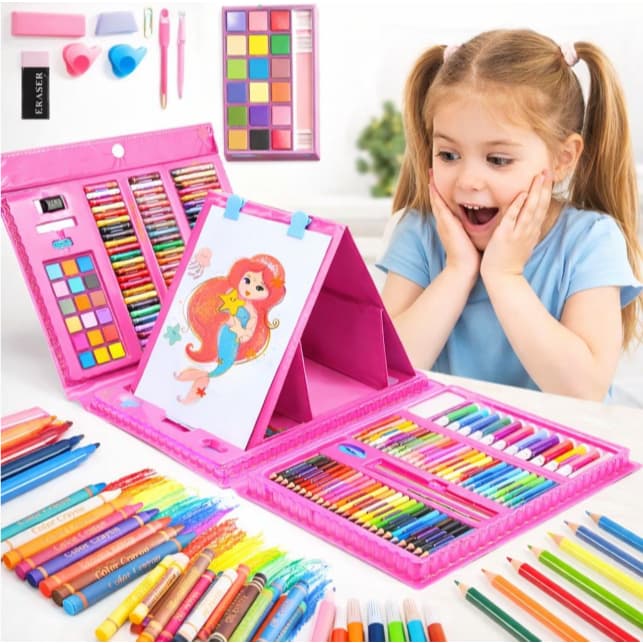 Estojo Maleta De Pintura Infantil 208 Peças Lápis Cores Giz Canetinhas Desenhos Para Colorir