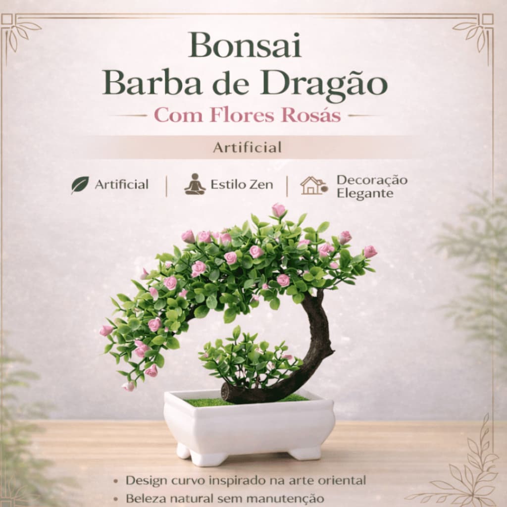 Bonsai Barba de Dragão com Flores Rosas – Elegância Oriental Sofisticação Sem Manutenção