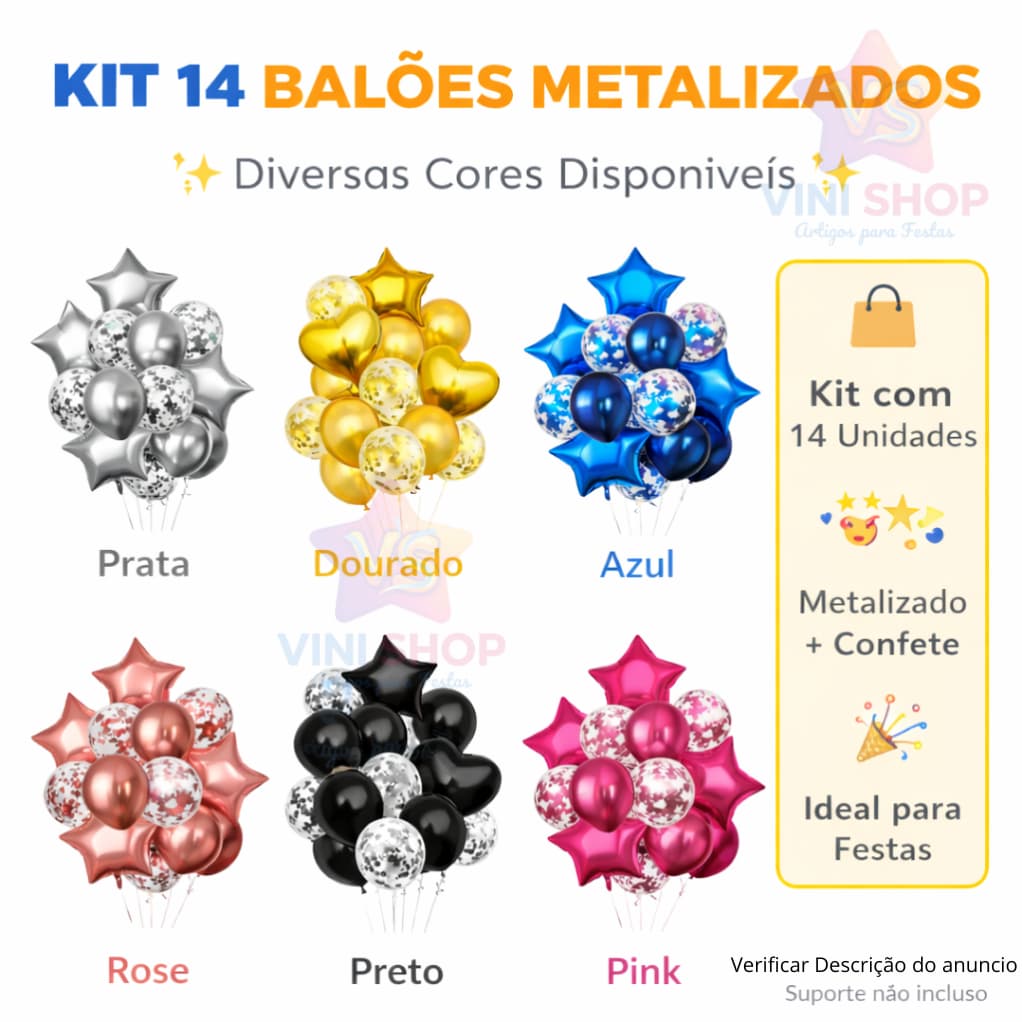 Kit Buquê de Balões Metalizados com Confete 14 Peças – Decoração Festa Aniversário
