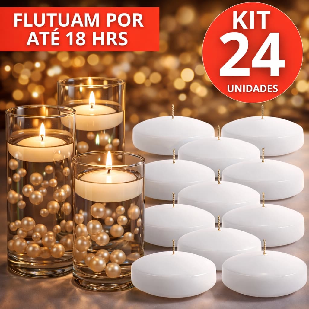 24 VELAS FLUTUANTE BRANCA DURAÇÃO 18 HR DECORAÇÃO DECORATIVA CASAMENTO FESTAS PISCINA FLUTUAM