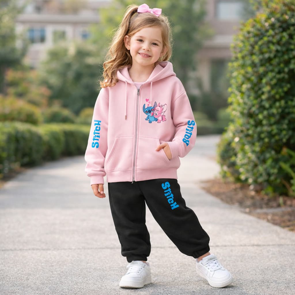 Conjunto Moletom Infantil Blusa de Ziper com Capuz Flanelada Calça Abrigo Stitch