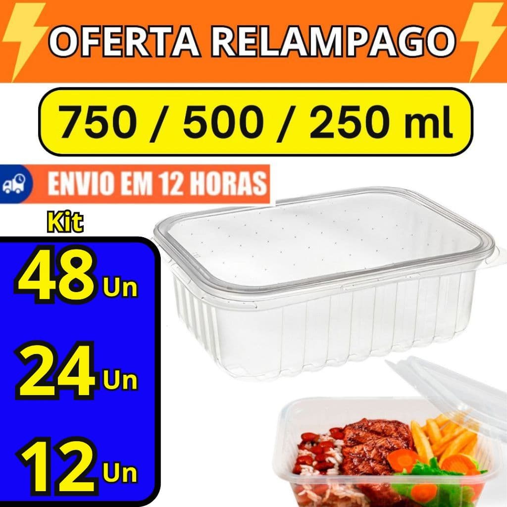Pote retangular 500 e 750 ml Microondas Freezer Marmita Fitness Embalagem Alimento Quente ou Frio