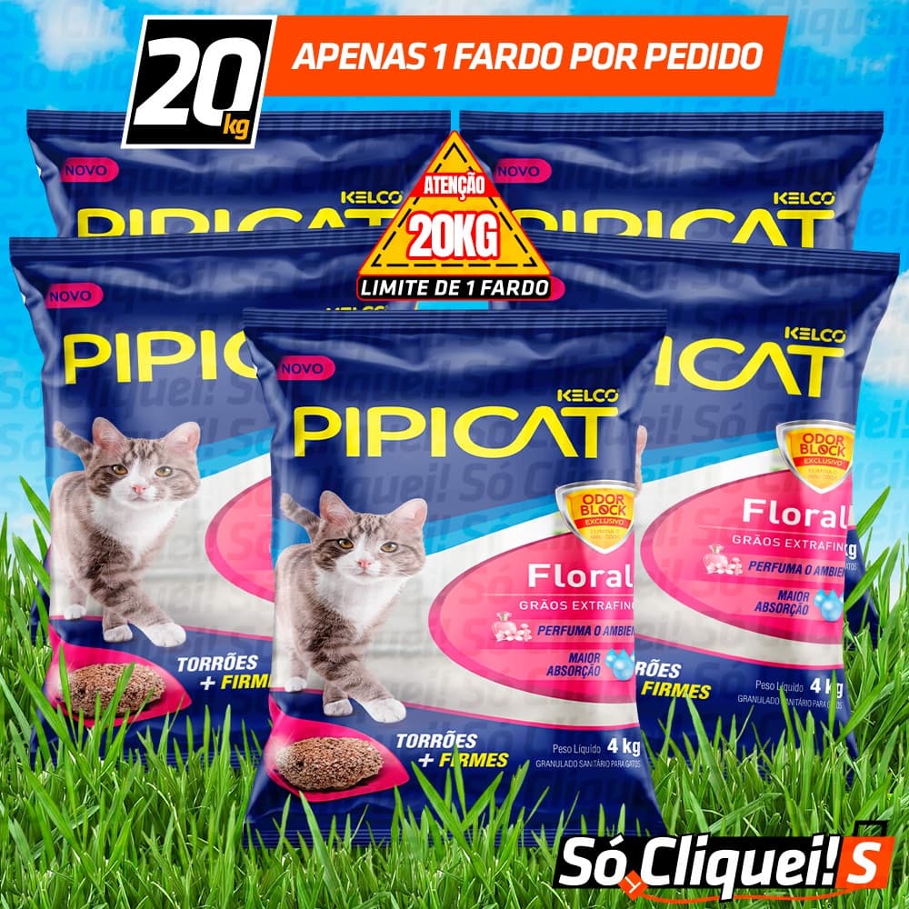 Areia Higiênica Pipicat Classic Grãos Mais Finos 20KG Floral Ultra Dry Multi Cat Granulado Controle de Odor Para Gato