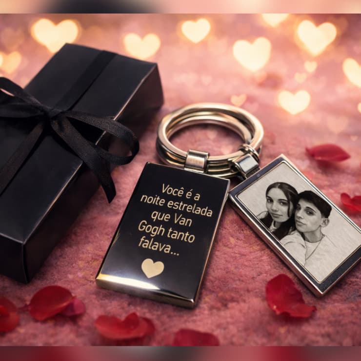 Chaveiro Personalizado com Foto ( só frente ou frente e verso) + Frase em Aço – Gravação a Laser | Presente Inesquecível
