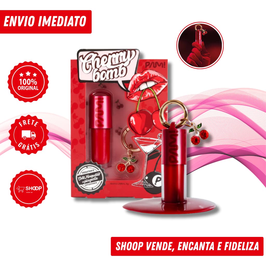 Gloss Labial Cherry Bomb 5g Pam! | Com Mosquetão + Pingente - Brilho Laqueado