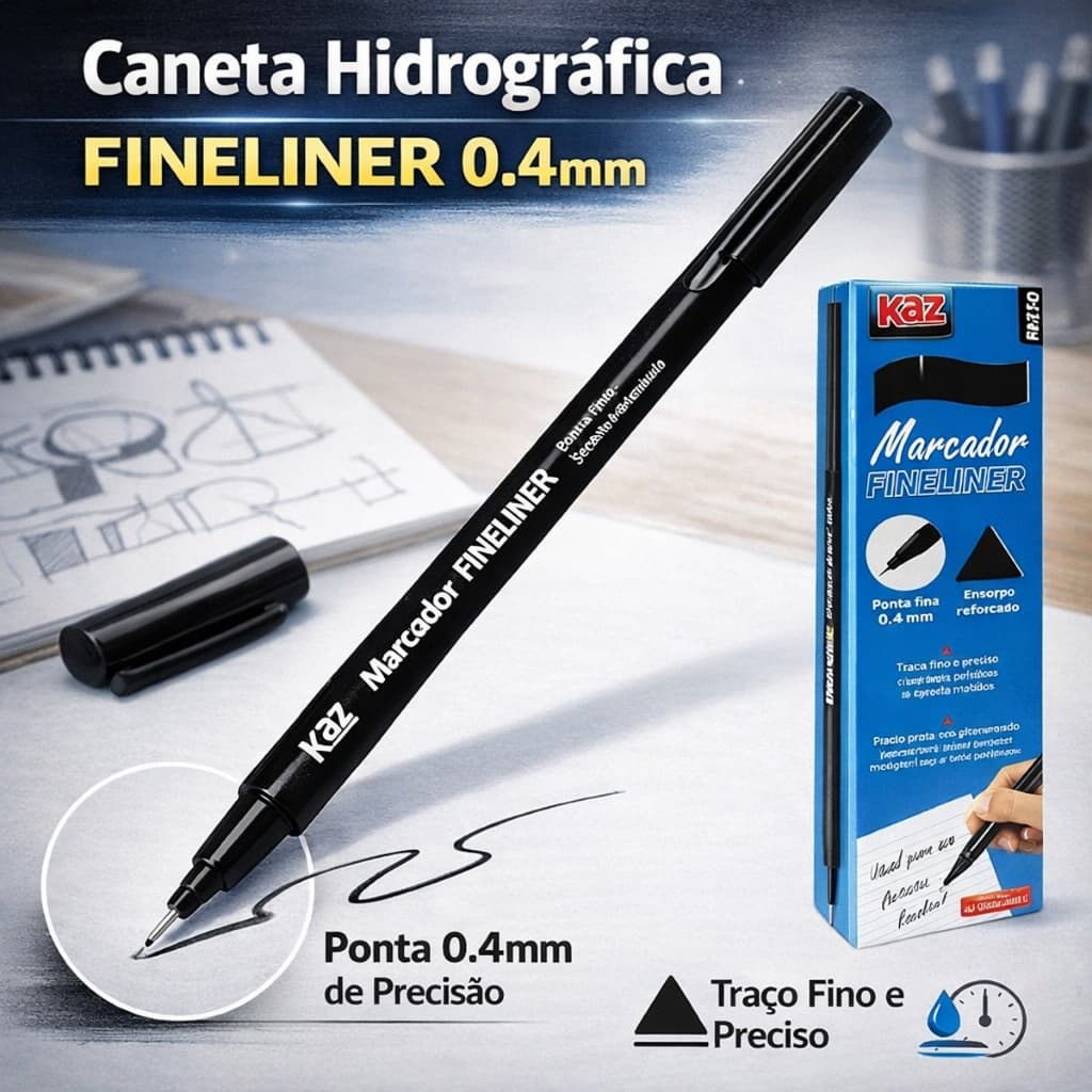 Kit 1, 2, 4, 5 Ou 10 Caneta Fineliner 0.4mm Ponta Fina Escrita e Traços Preto Azul Hidrográfica