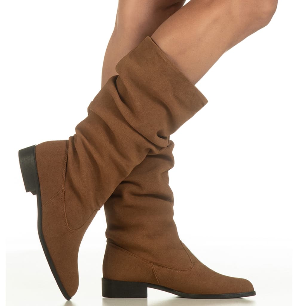 Bota Feminina Cano Médio Enrugado Franzido Camurça Bico Redondo Salto Baixo Confortável Hanna GiGiL