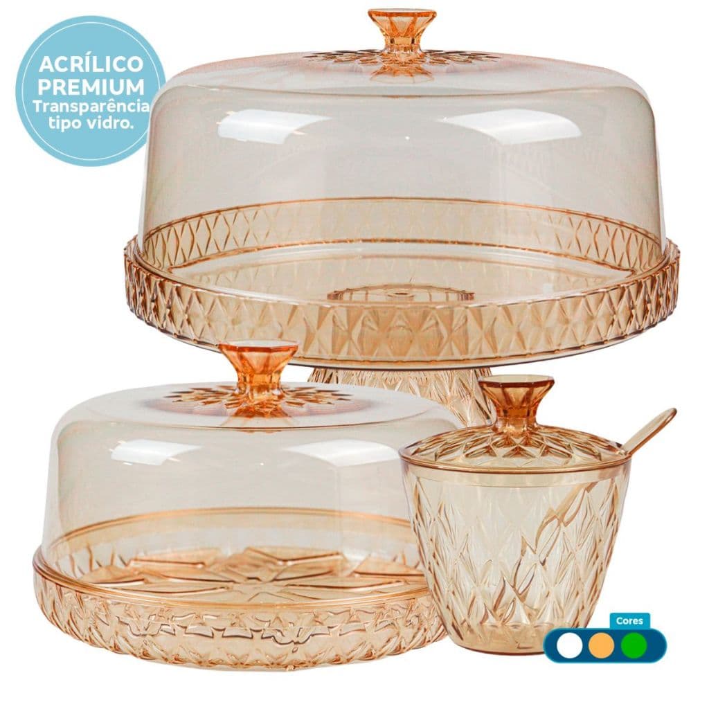 Kit Boleira Borda Alta com Queijeira e Açucareiro Com Tampa Em Acrílico Grosso e Resistente