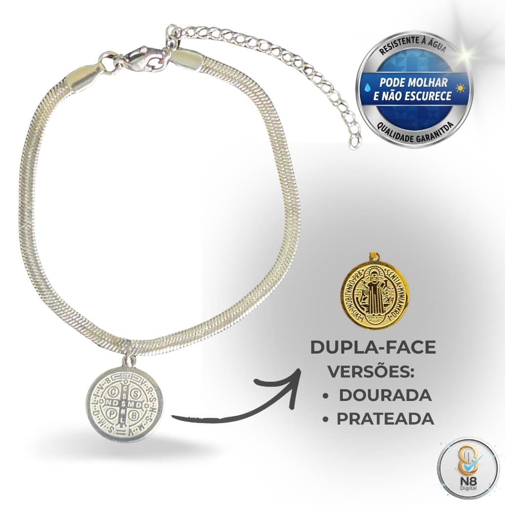Kit São Bento Dupla Face: Pulseira 18-22cm 4mm + Corrente + Pingente Inox 316L Prateado/Dourado Fé