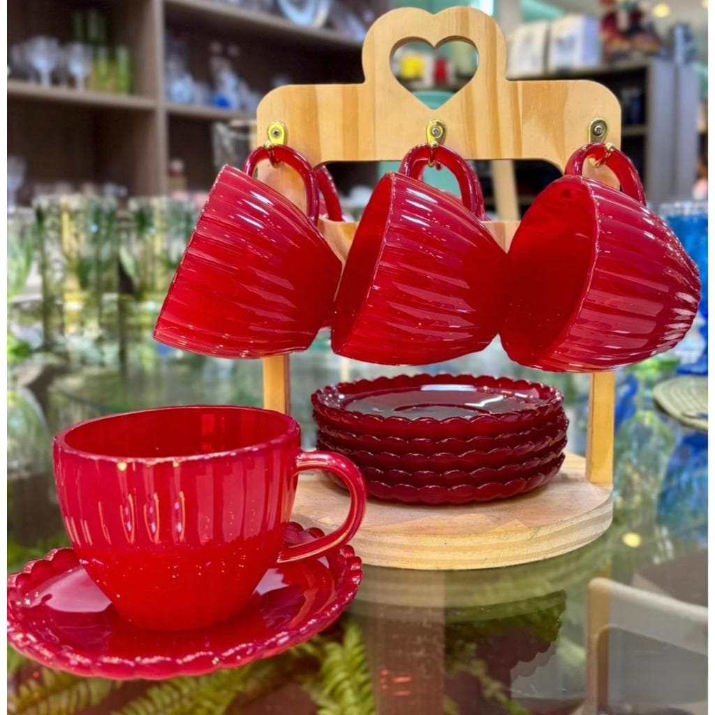 Conjunto Xícaras Com Pires Petala Vermelho Cha e Cafe 12 Peças Transparente Vidro 200ml Decorada