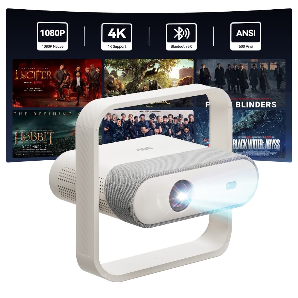 Projetor Inteligente AOC com Resolução Nativa 1080P e Suporte 4K, 15.000 Lúmens, Android 13, WiFi6e BT5.2, Rotação 360°