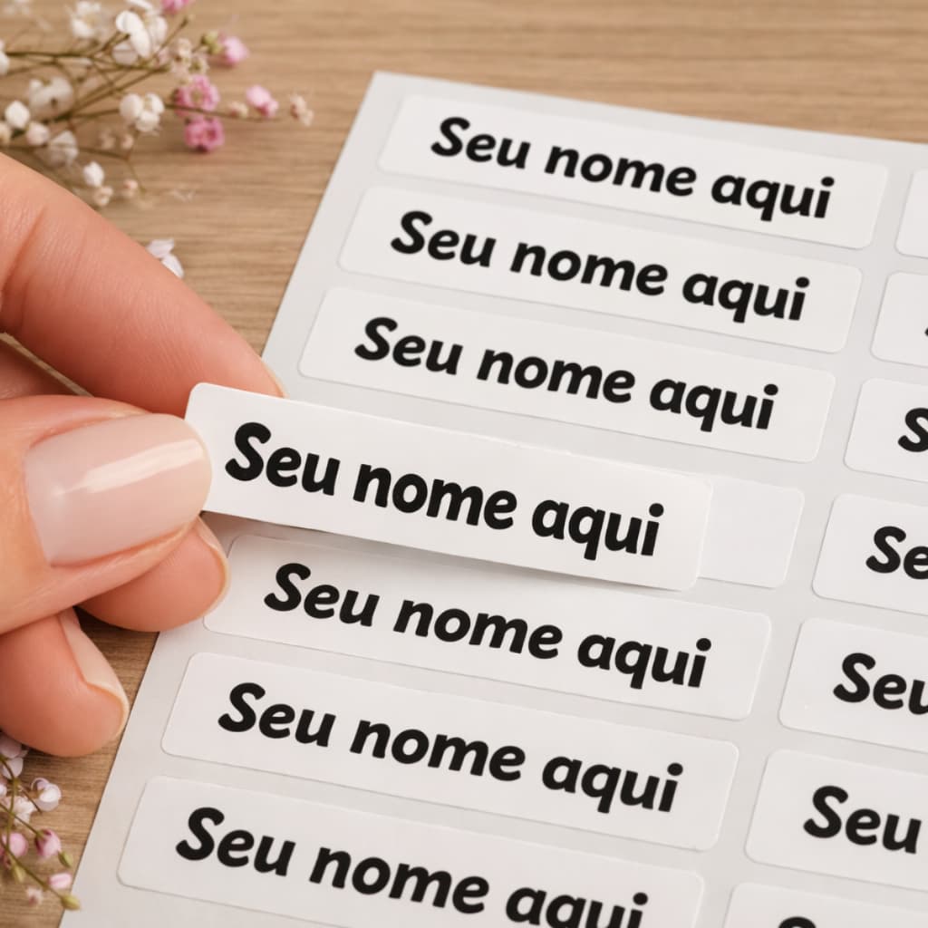 Adesivo Vinil Personalizado com Nome 5x1cm à Prova D'Água Branco/Transparente Etiqueta Identificação
