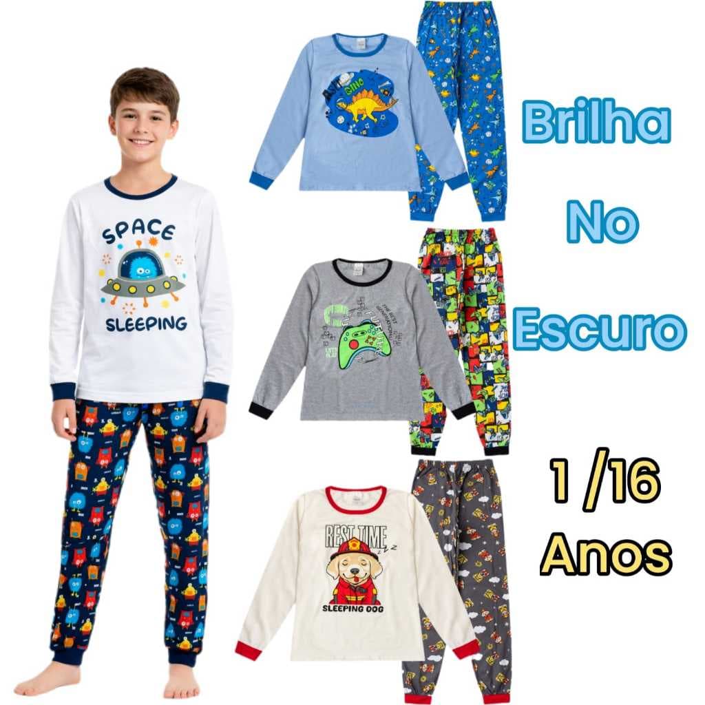 Kit 2 Pijamas menino Infantil/Juvenil "Brilha no escuro"