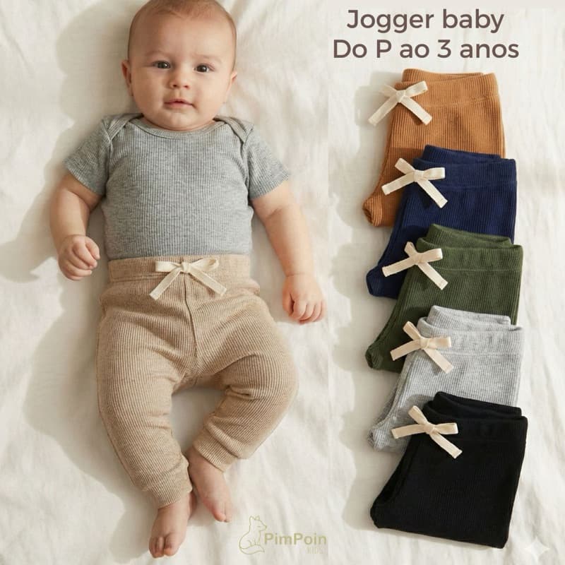 Calça Jogger Bebê Canelada P ao 3 Anos Algodão com Elastano Confortável Menino Menina Infantil