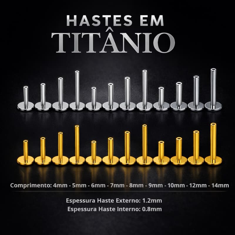 Haste Piercing Labret Titânio Rosca Interna Downsize Vários Tamanhos 4mm 5mm 6mm 7mm 8mm 10mm 12mm
