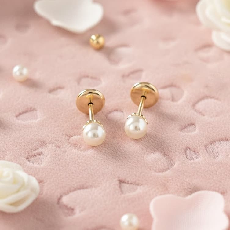 Brinco Pérola Infantil Banhado a Ouro 18K Segundo Furo 4mm Tarraxa Baby Antialérgico