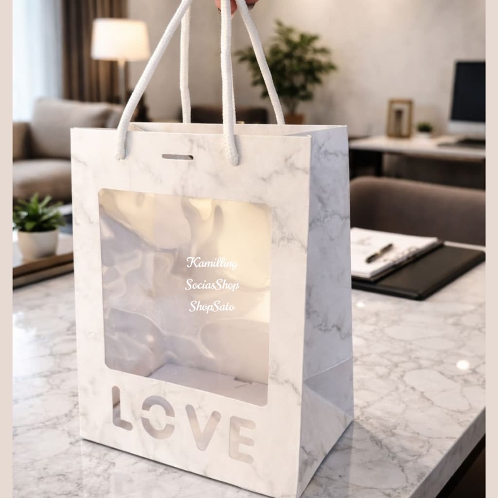Sacola Elegante Marmorizada Brancas Embalagem Com Visor Para Presentes LOVE 25cm