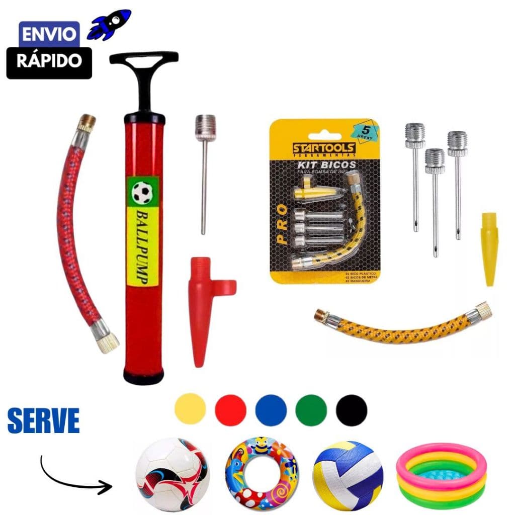 Bomba de ar Manual c/ Acessórios para Encher Bolas Futebol Basquete Vôlei e Brinquedos Infláveis